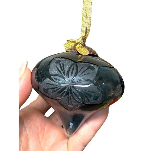 Seasons of Cannon Falls Glass Christmas Ornament Blue Teardrop Flower Etch Bulb - Picture 3 of 6